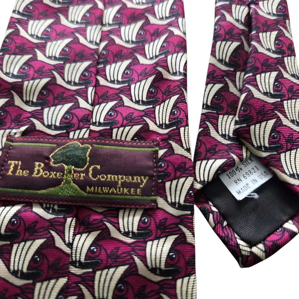 Boxtree Company 100% Silk Tie Fish Nautical Boats Made USA Novelty Burgundy Bold